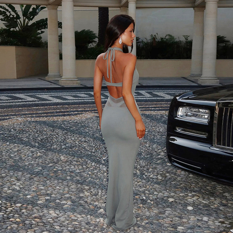 Conjunto de vestido de primavera para mujer, blusa de manga larga ajustada de color liso con cuello halter y cordones.