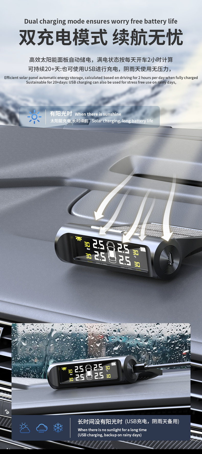 Car Tire Pressure Monitor Solar-Powered Wireless High-Precision Air Pressure Monitoring Tpms Smart Tire Four-Wheel
