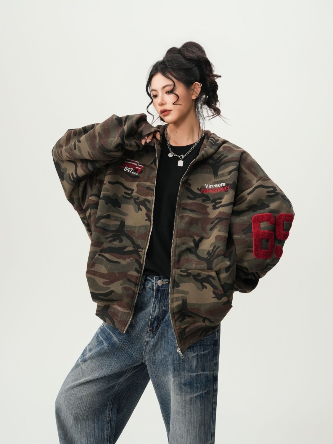 American Streetwear Camouflage Cardigan Hoodie Unisex Couples Spring Vintage Trendy Oversized Casual Hooded Sweatshirt
