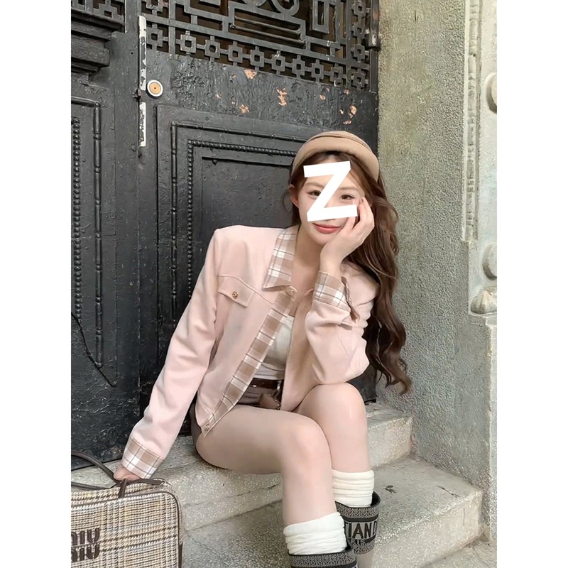 少女巴恩粉色拼接格纹短款外套女秋季韩系小个子休闲百搭夹克上衣|undefined
