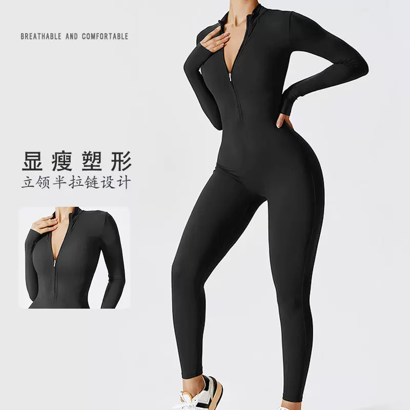 跨境瑜伽服套装连体服紧身衣一体服拉链长袖速干健身运动女紧身衣