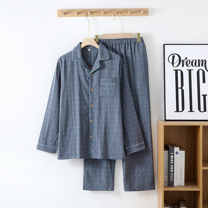 Japanese style muiprint wind yarn-dyed cotton double-layer gauze home clothes men's spring and autumn summer cotton long sleeve pajamas wholesale