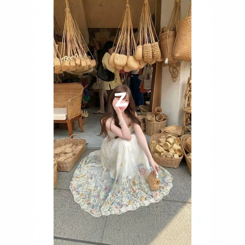 Embroidered French-Style Suspender Dress Summer Cross-Border Vacation Style A-Line Long Dress 2026 New Model