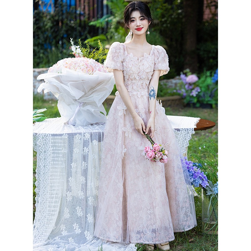 Adult ceremony birthday party evening dress, light luxury niche graduation season dress, French square-neck elegant banquet dress Adult ceremony birthday party evening dress, light luxury niche graduation season dress, French square-neck elegant banquet dress