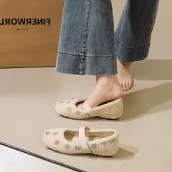 836-35 French Sweet Feng Shui Diamond Flower Decorative Shoes Lamb Fleece Round Head Shallow Mouth with Velvet Inner Height Increase Single Shoes for Women