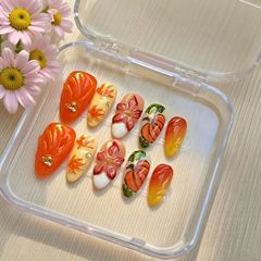 30片新品跨境感恩枫叶南瓜杏仁穿戴甲鎏金3D立体渐变花朵美甲甲片