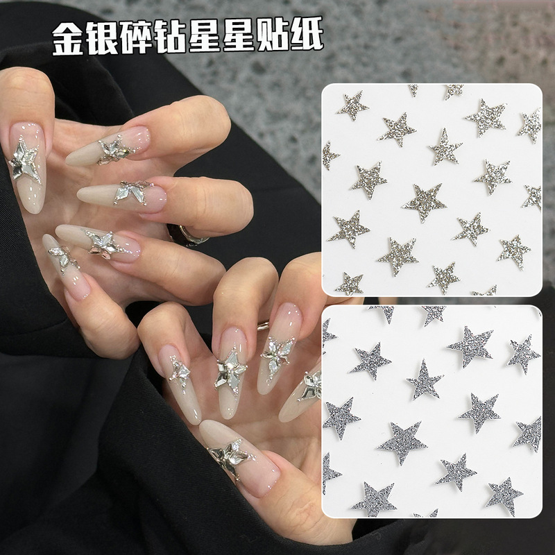Hot New Gold and Silver Broken Diamond Star Manicure Stickers Internet Celebrity Broken Gold and Silver Five-pointed Star Nail Decorations Stickers