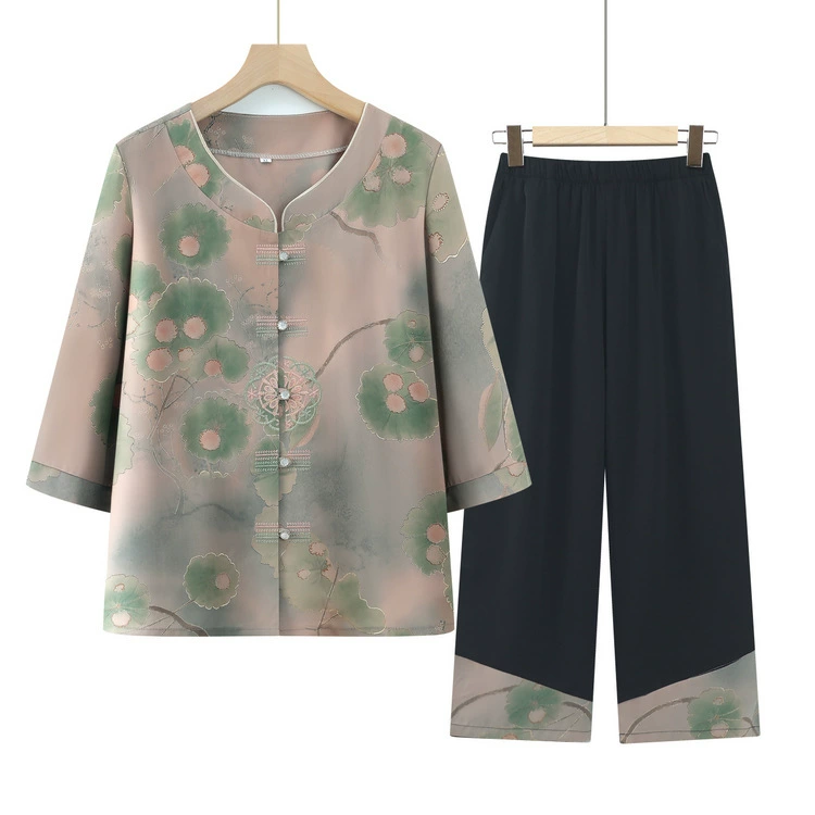 Мама 2024 новый набор рубашки с принтом широкие брюки простой свободный топ укороченные брюки большой размер маленькая рубашка тонкий