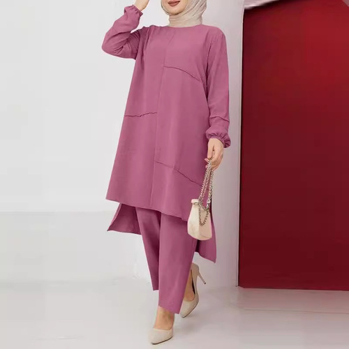Muslim Women's Urban Sportswear Two-Piece Set Elegant Bubbling Sleeve Shirt Loose Fashion Wide Leg Pants Set