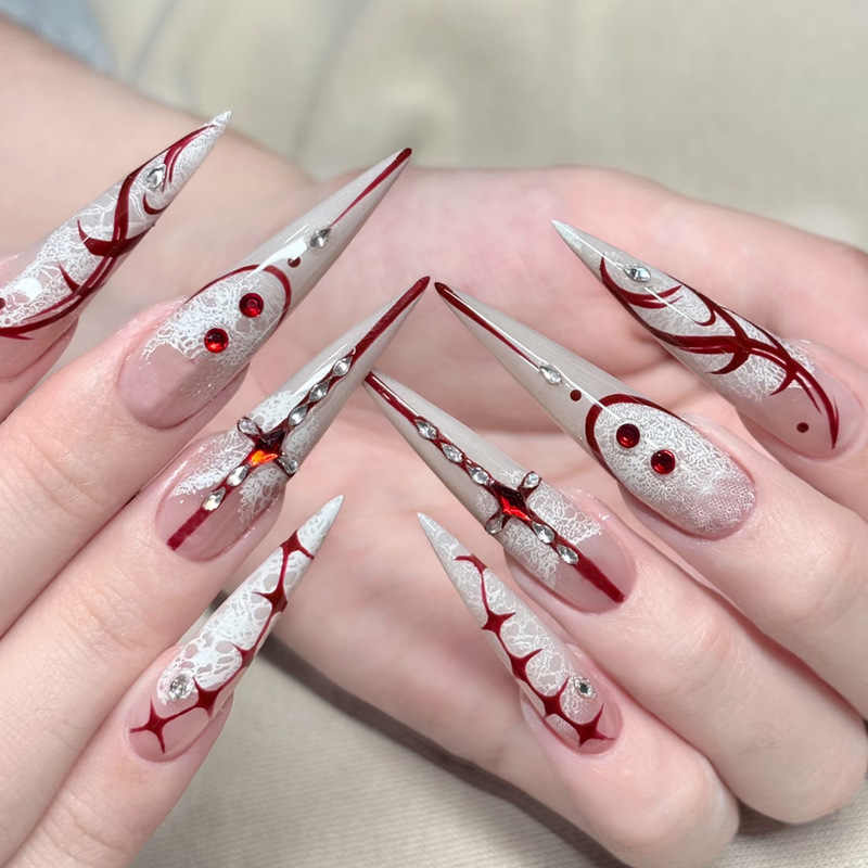 Foreign Trade Hot-Selling Halloween Wear Nails White Gradient Lace and Gothic Style Printed Removable 24-Piece Fake Nails Foreign Trade Hot-Selling Halloween Wear Nails White Gradient Lace and Gothic Style Printed Removable 24-Piece Fake Nails