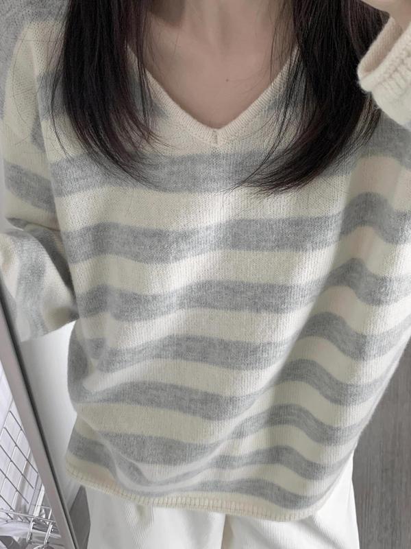 超软糯柔软撞色条纹针织衫V领宽松慵懒显瘦韩系温柔秋季毛衣上衣|undefined