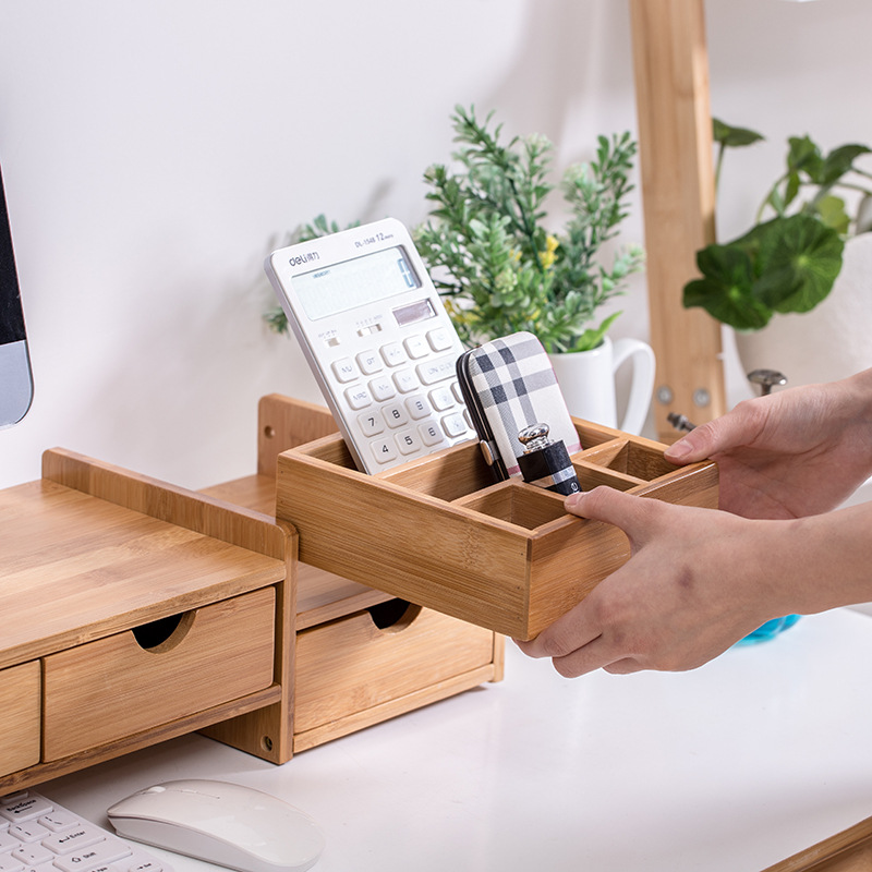 Soporte Elevador para Monitor con Cajones de Bambú para Oficina