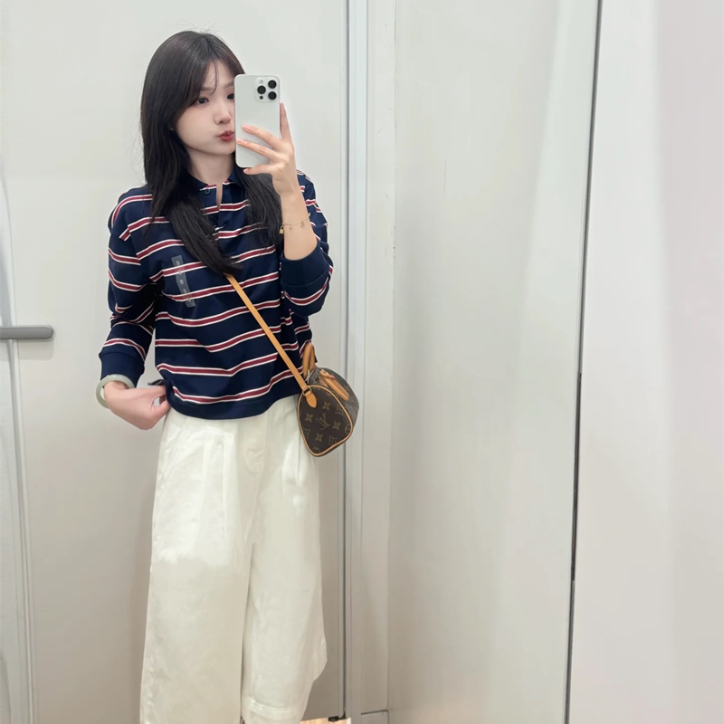 Women's Autumn New Casual Striped POLO Shirt Loose Long Sleeve T-Shirt Top Base Shirt Y489060/489061