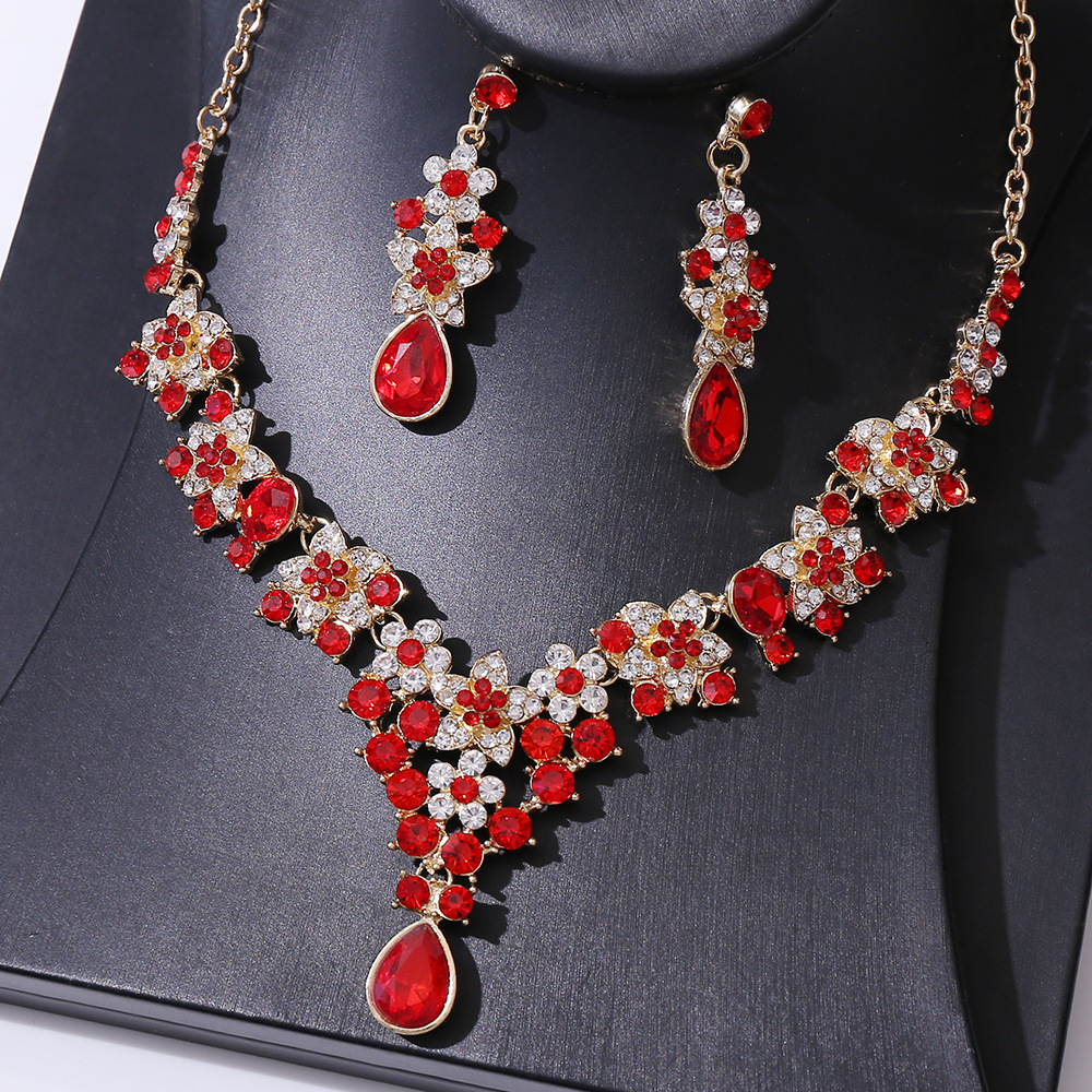 Alloy Material Bridal Water Droplets Flower Alloy Inlay Rhinestones Earrings Necklace