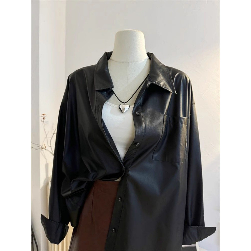 Spring New Style Black Pu Leather Jacket for Women Casual 2026 Hong Kong Style Retro Loose Korean Style Pu Jacket Shirt Top