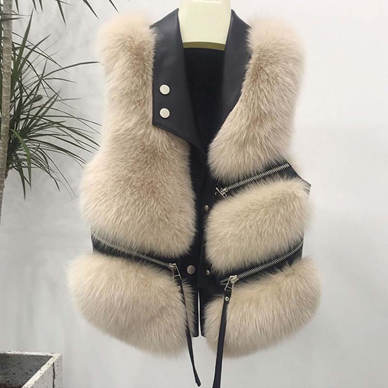Women's Clothing Fur Vest Lapel Zipper Short Stitching Fur Fashion High end Jacket_voghion.com