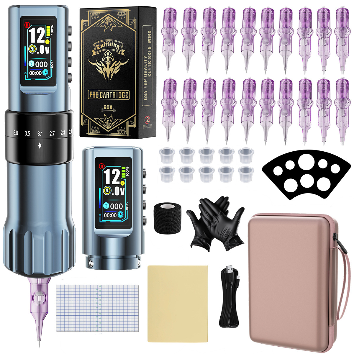 Máquina de tatuaje de doble batería ajustable, conjunto de taza hueca, motor de alimentación inalámbrica, pluma de tatuaje, herramienta de corte de alambre para tatuajes