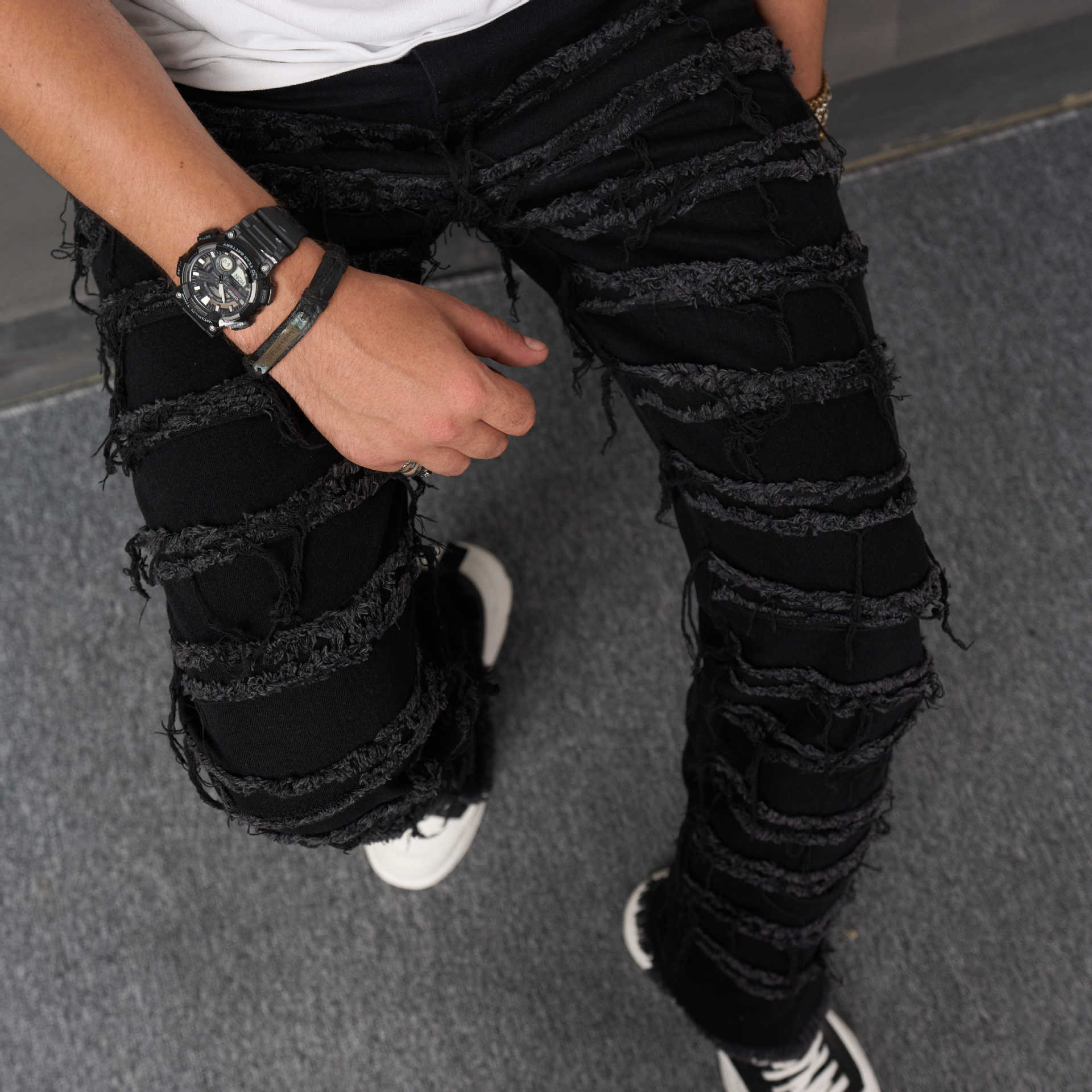 2023 New Ripped Slip Men's Loose Fashion Wide Leg Casual Solid Color Trousers Men's Trousers