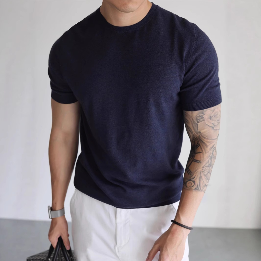 Men's Clothing Men's Style Small Collar Knit Ice Silk T-Shirt Slim Fit Short Sleeve Workwear Sweatshirt Business Commuting Base Layer_voghion.com