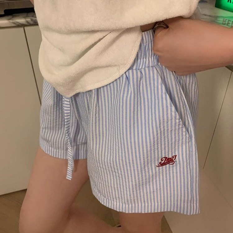 Original striped fabric vertical striped drawstring letter embroidery wide leg shorts women's summer loose slim casual pants wholesale