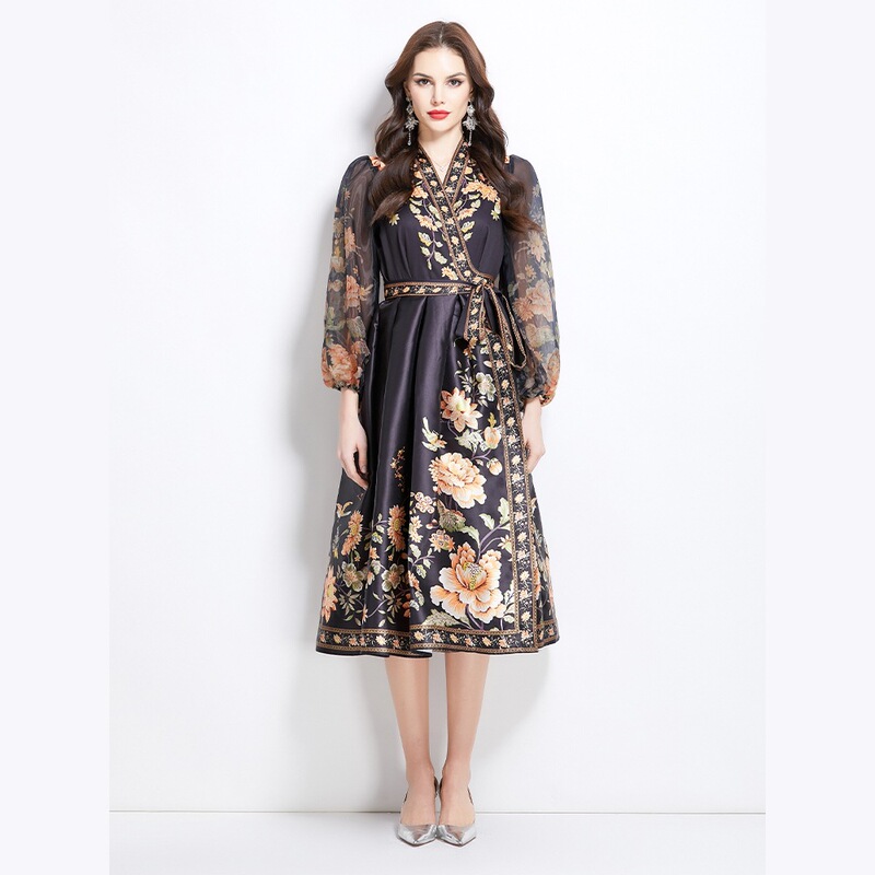 2724 spring new collar ethnic style printed satin wrap long dress