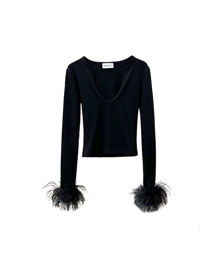 Nuevo Top de Punto con Plumas de Avestruz, Diseño Francés Retro y Versátil, Cuello en V Profundo, Sexy y Ajustado, Otoño 24 image 7
