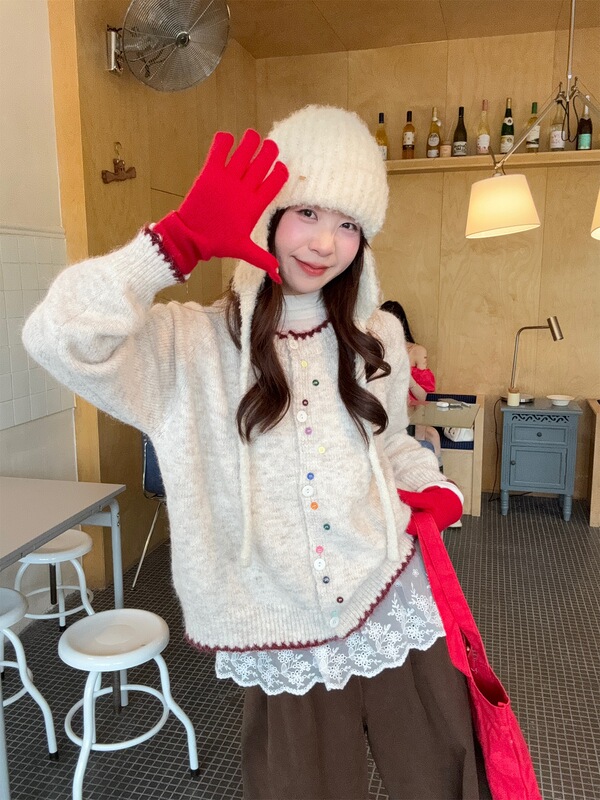 实拍~秋季新款韩版宽松彩扣撞色软糯百搭针织毛衣开衫外套女88410|undefined