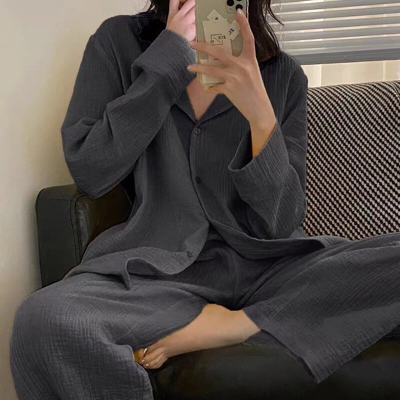 Korean Style Ins High-End Cotton Gauze Pajamas for Women Spring and Autum Pure Color Long-Sleeved Pants Casual Loose Home Wear Set