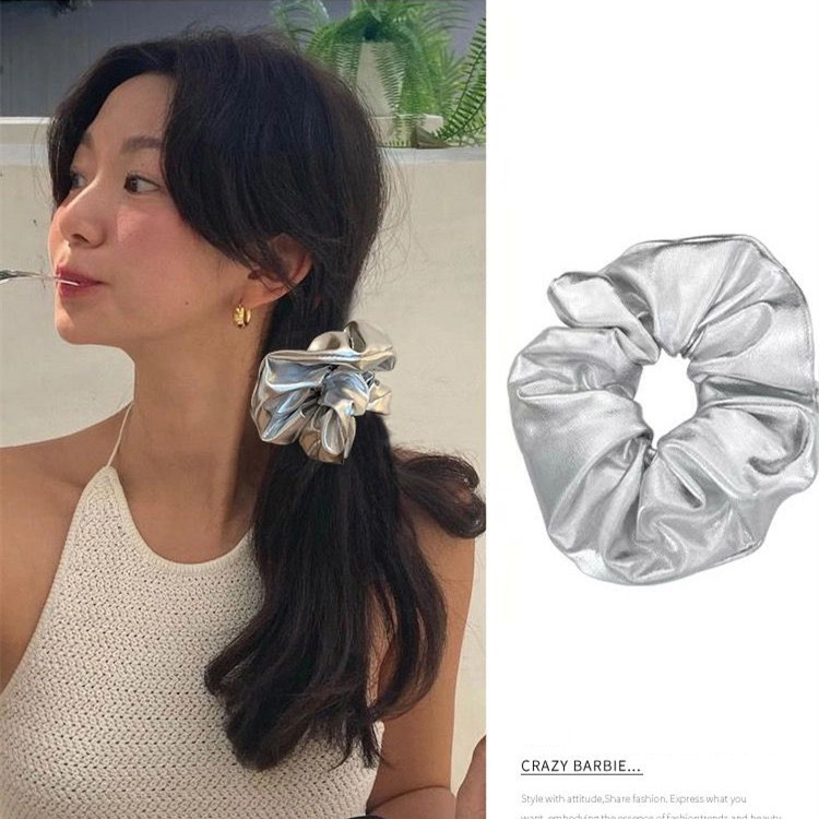 Korean Instagram Super Popular Fever Silver Scrunchie Trendy French Hair Tie Simple Retro Hair Accessory for Women 2026 Summer