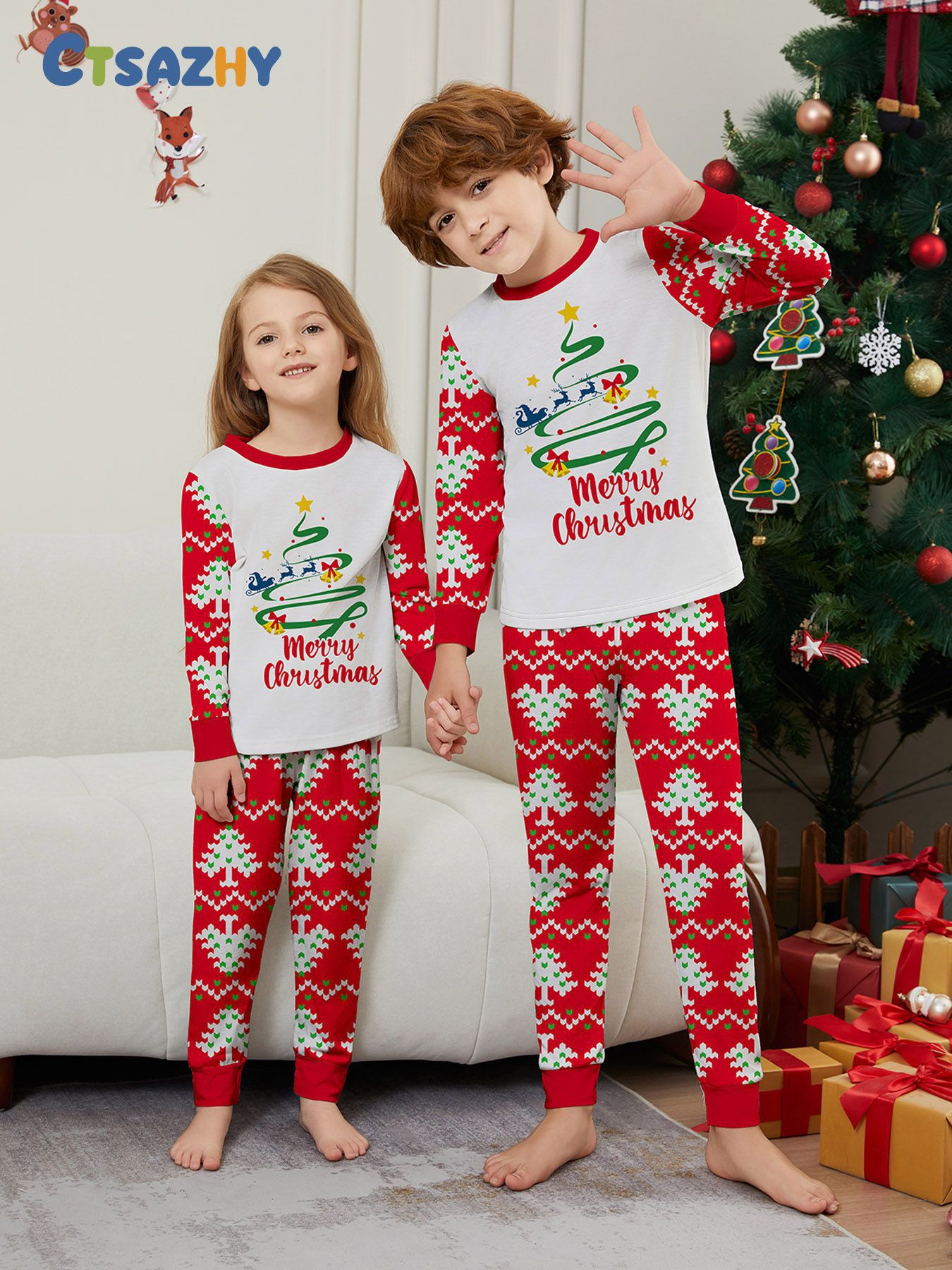 Christmas Fawn letter Christmas tree Family family dress printed homestays pajamas_voghion.com