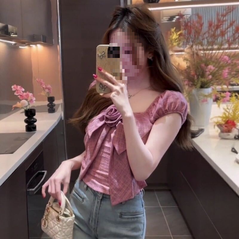 Beautiful Rose Bow Plaid Short-Sleeved Shirt for Women, Super Stylish Summer Korean Style Sweet and Spicy Slim-Fitting Short Top