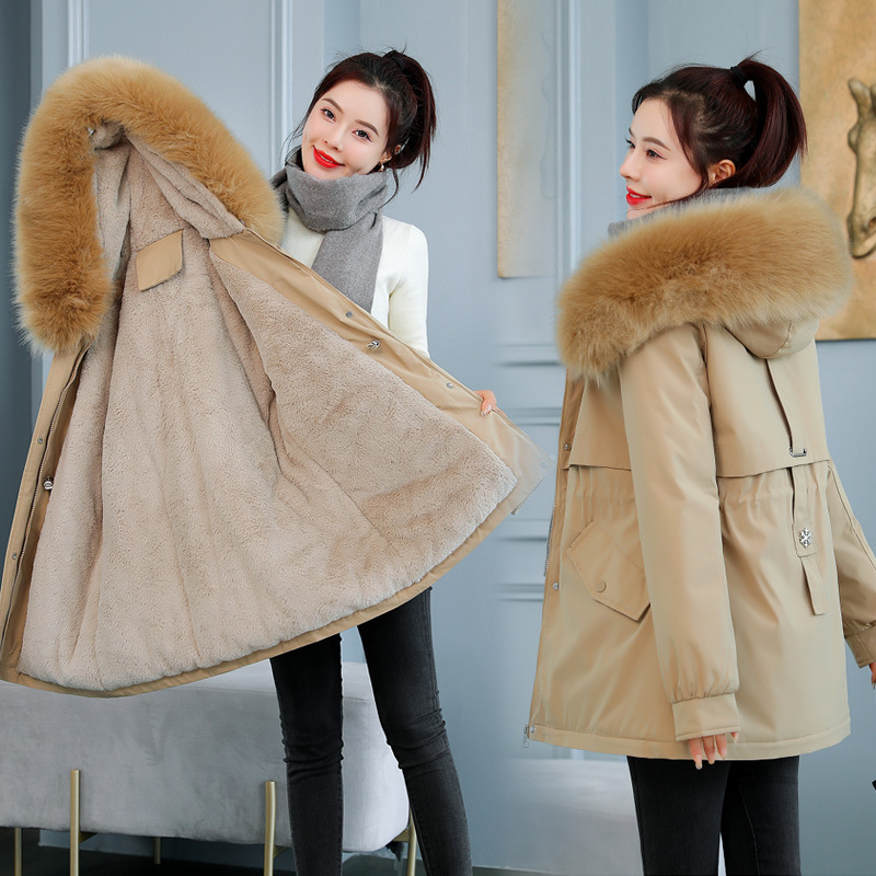 中长款派克服女2021冬季韩版新款收腰棉衣女毛绒内里羽绒棉服棉袄