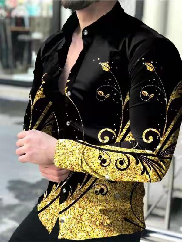 跨境外贸新款男3D印花欧美休闲街潮数码印花长袖衬衫男款修身衬衣|undefined