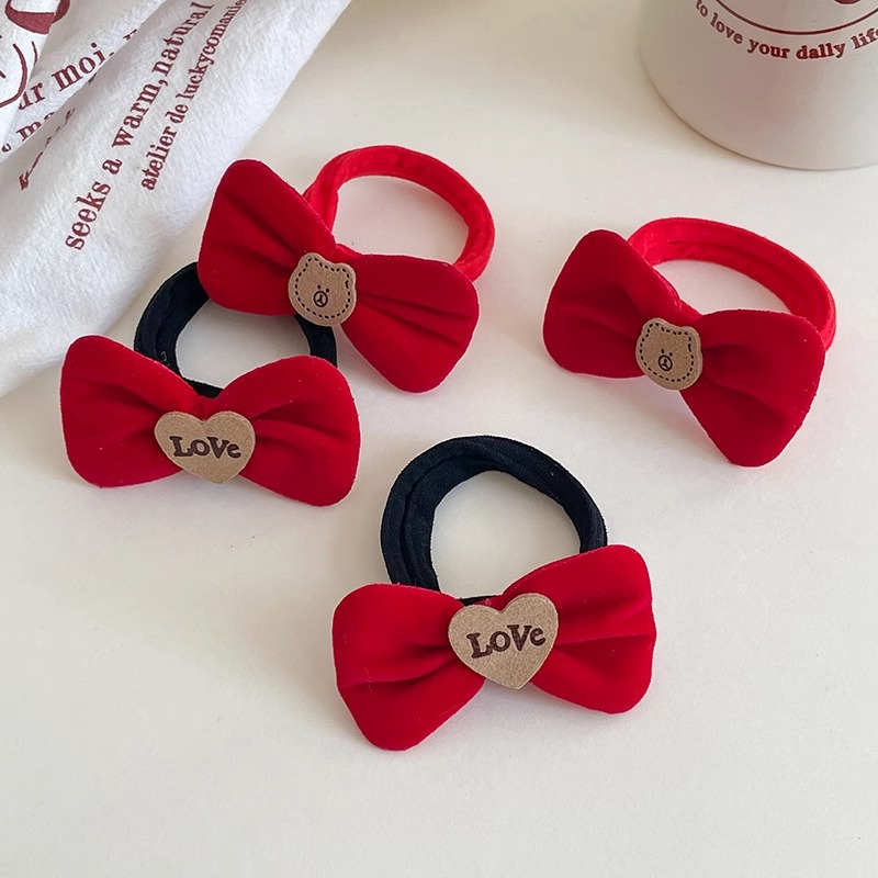 Niños de Año Nuevo de terciopelo rojo arco banda de pelo niñas lindo lazo cuerda de pelo alto elástico durable cabeza cuerda banda de goma