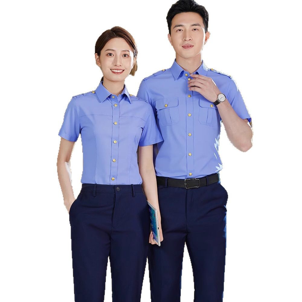 파란색 셔츠 여성용 반팔 철도 버튼