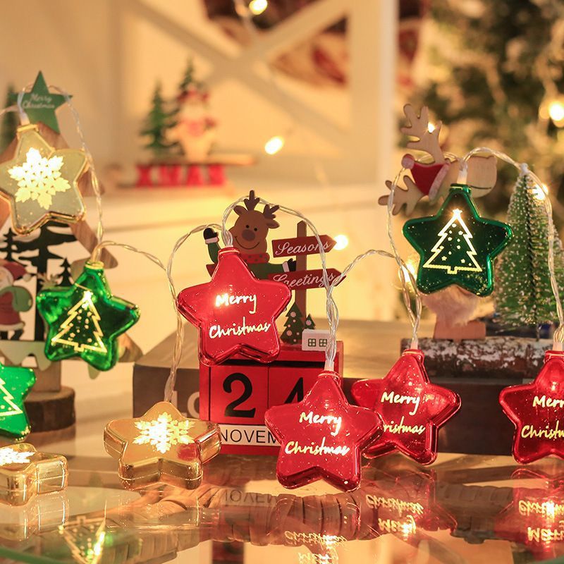 Navidad atmósfera de color LED impresión de color bola galvanizada estrella colgante string de luz árbol de Navidad decoración escena