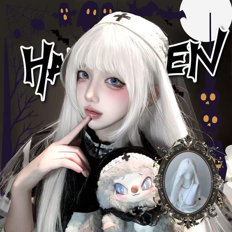 White Long Straight Wig for Women, Suitable for Subculture, Halloween Cosplay, Versatile for Daily Use, Lolita Style with Full Bangs, Full Head Cover Type