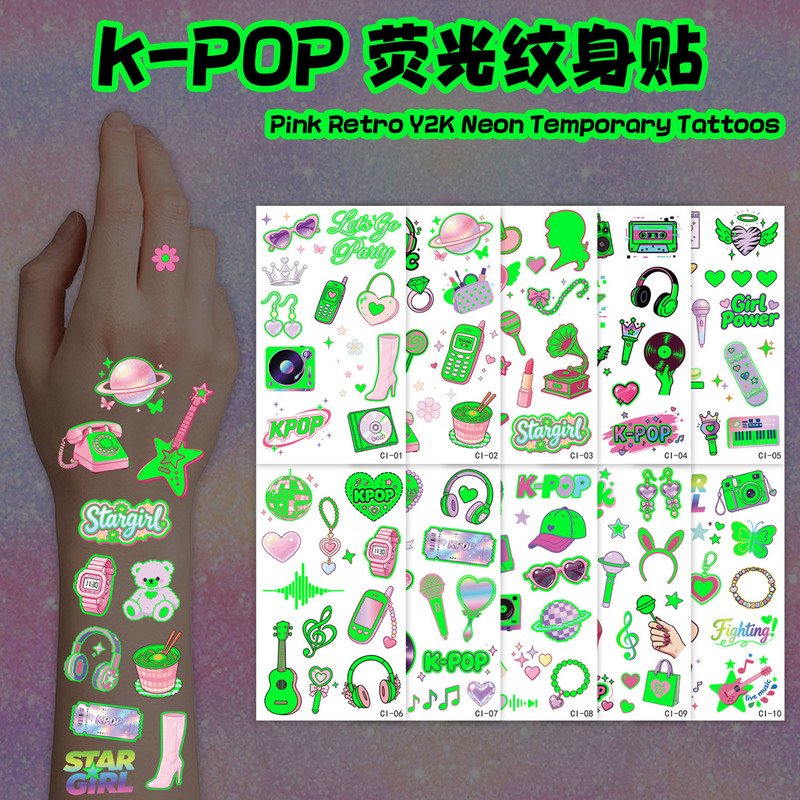 KPOP Fluorescent Tattoo Stickers Y2K Retro Pink Music Elements Waterproof Temporary for Girls' Parties and Halloween KPOP Fluorescent Tattoo Stickers Y2K Retro Pink Music Elements Waterproof Temporary for Girls' Parties and Halloween