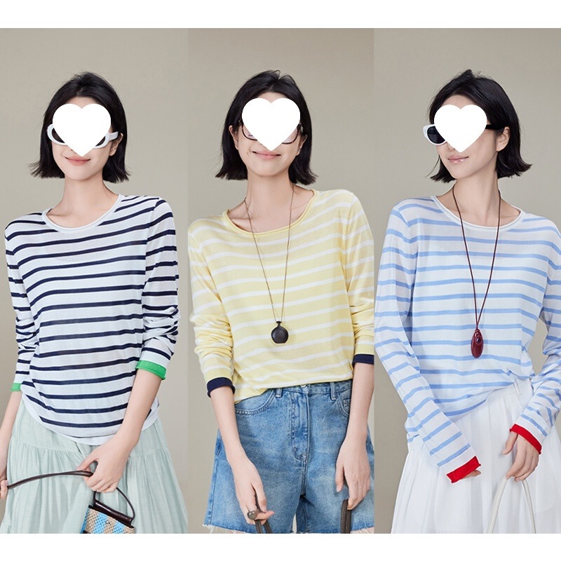 Meiyang MEIYANG Piansu Knitted Shirt Triacetate Tencel_Crewneck Curl Contrast Sleeve Striped Shirt Blouse U