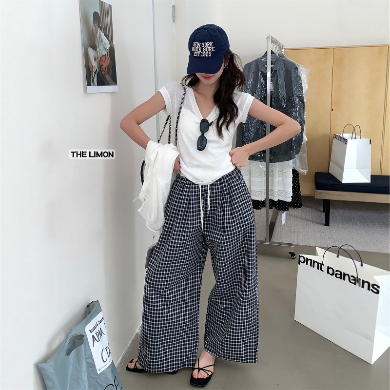THE LIMON Lemon Green Tea Verano Nuevo estilo coreano Colisionamiento Cordón Delgado a cuadros Pantalones rectos casuales Mujeres image 4