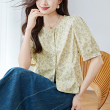 棉茧 圆领碎花衬衫女短袖2025年夏季新款田园风法式复古气质上衣