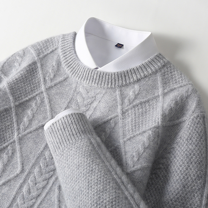 Three-strand Thickened 100 Wool Sweater Men's Round Neck Diamond Jacquard Business Cashmere Casual Large Base Sweater