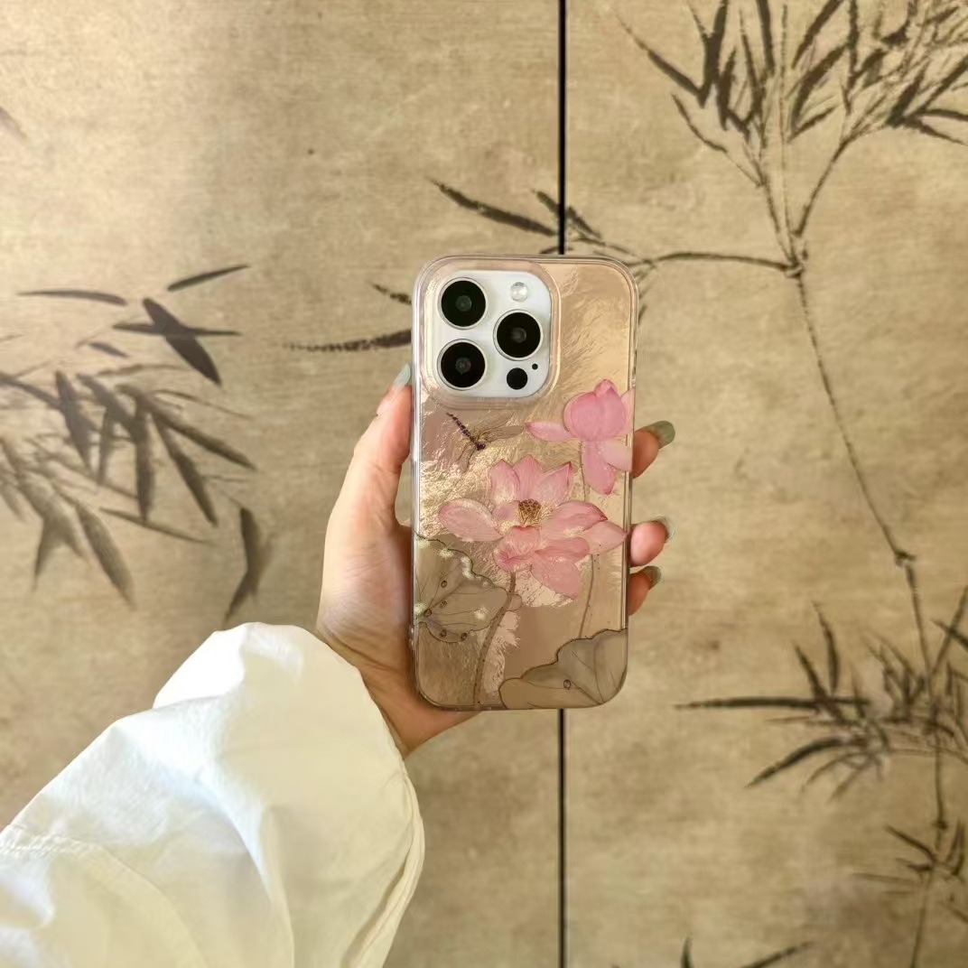 Hermoso estilo nacional buena suerte loto adecuado para 15Pro Max cuerda de mano iPhone14 Apple 13P funda para teléfono móvil 12 doble capa