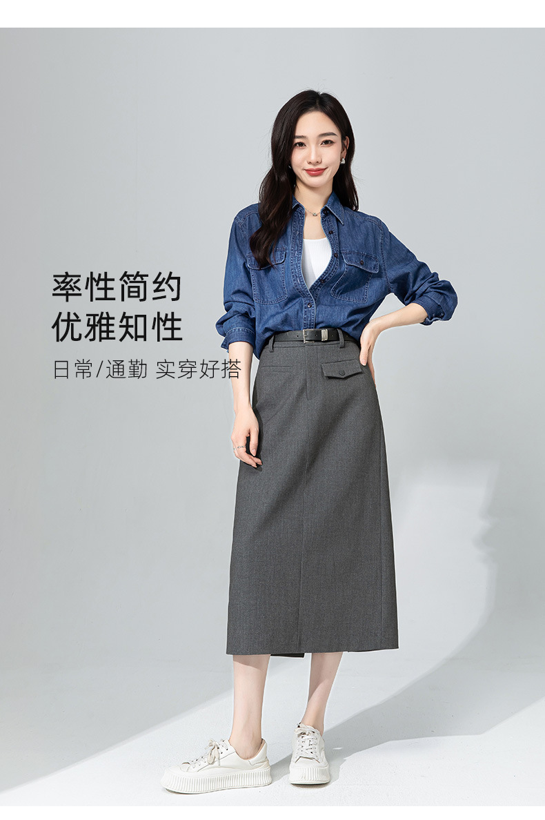 Váy midi len Tencel xám đậm xẻ tà ống suông đa năng — màu xám chi tiết 21
