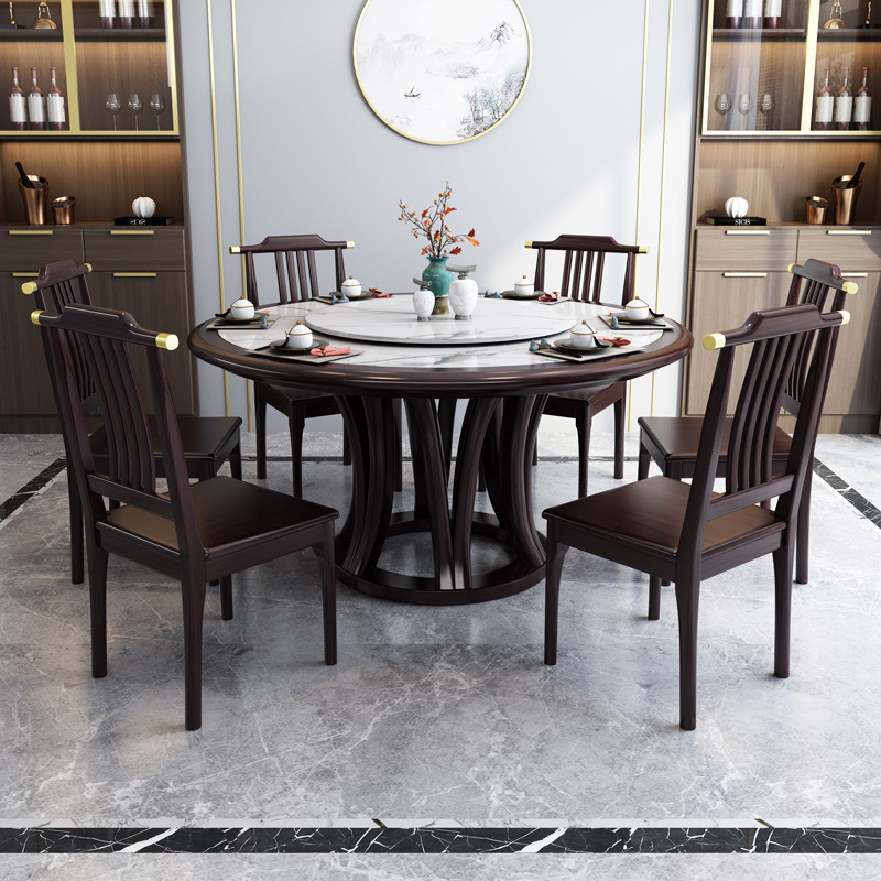 新中式實木餐桌椅組合岩板圓桌帶轉盤1.3米酒店家用餐廳飯桌岩板