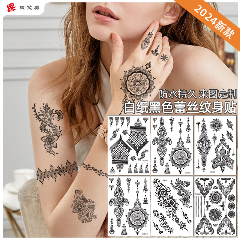 Cross-border New Black Lace Tattoo Sticker Plain Flower Finger Temporary Tattoo Sticker European and American Environmental Protection Lace Tattoo Sticker