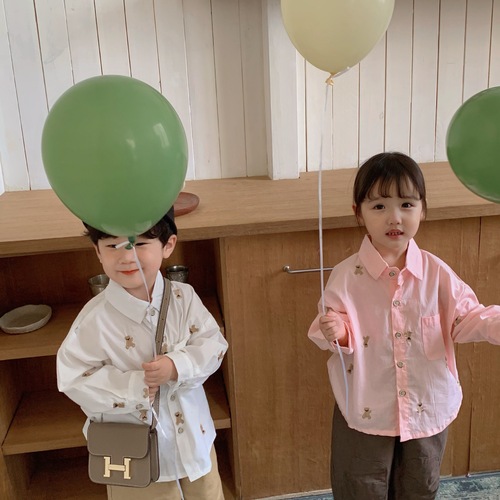 Children's long-sleeved shirts for boys and girls in spring and autumn  new pure cotton style embroidered bear shirt baby tops