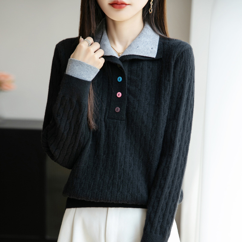 设计感假两件叠穿单排扣高领针织衫毛衣女秋冬新款撞色打底衫上衣|undefined