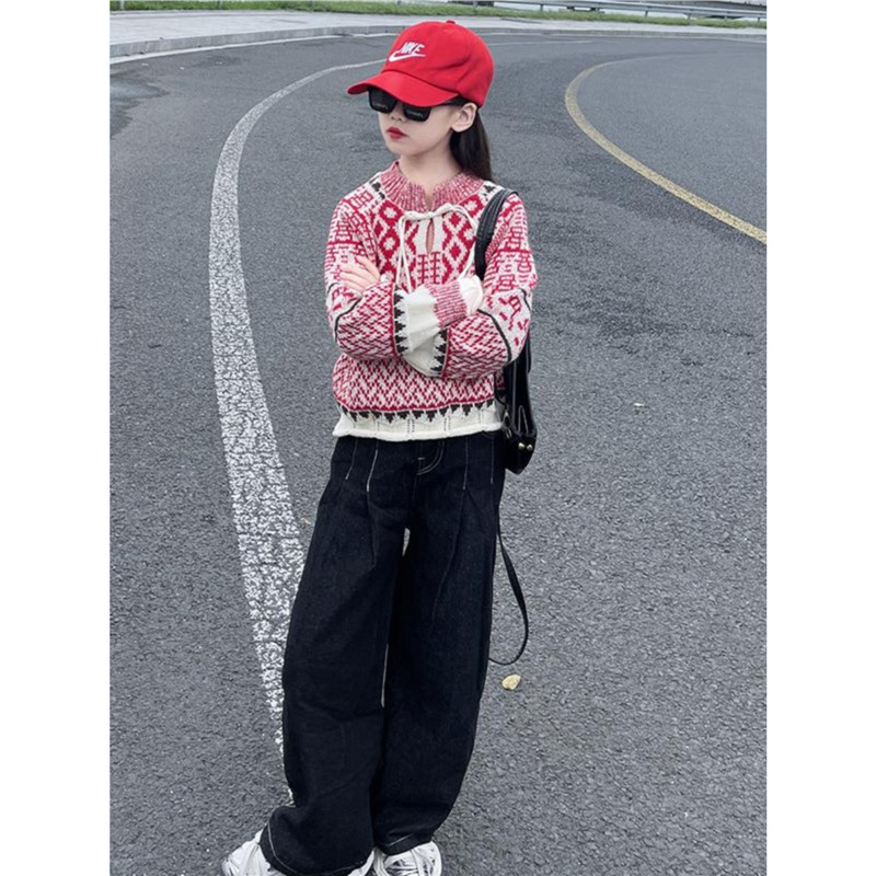 女童中式提花毛衣牛仔裤春秋装套装2025新款中大童儿童爆款两件套