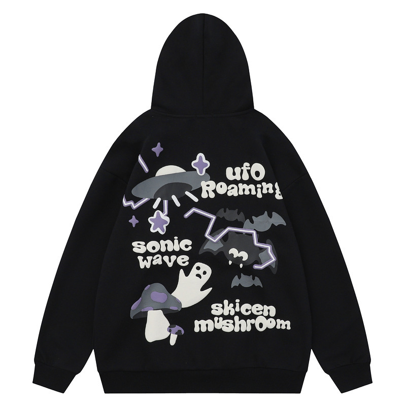 YPRS Men's 2023 Autumn New Fun Cartoon UFO Bat Hooded Sweatshirt Loose Couple Lazy Jacket